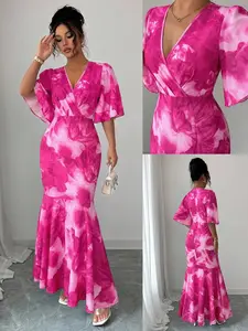 This long fishtail dress features an all-over tie-dye print with a V-neck and flutter sleeves. It blends French romance, vacation vibes and subtle sophistication, making it perfect for weddings, holidays, parties and dates.
