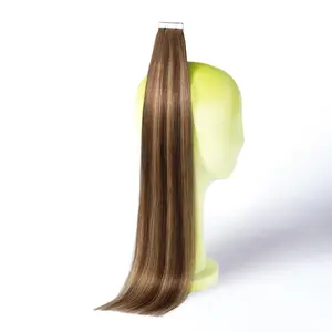 DNE Tape in Hair Extensions Real Human Hair 14-24 inches 20Pcs/50g/Pack Seamless Dark Brown to Chestnut Brown#T4-P4/27 Straight Invisible Double Sided Tape in Hair Extensions for Women/Girls