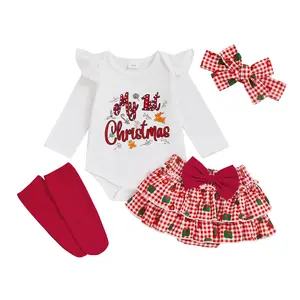 Kids Infant Newborn Baby Girl Christmas Outfit My First Christmas Letter Print Romper Tiered PP Shorts Leg Warmers and Headband Sets Cute Fall Clothes