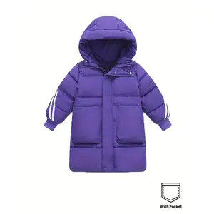 FriendMily Kids' Cozy Fleece-Lined Hooded Jacket - Thickened Mid-Length Winter Coat with Zipper Closure, White & Purple Color Block Design, Long Sleeves, and Front Pockets Boys & Girls, Perfect Fall & Winter, Winter Coat Girls, Cozy Kids Wear,