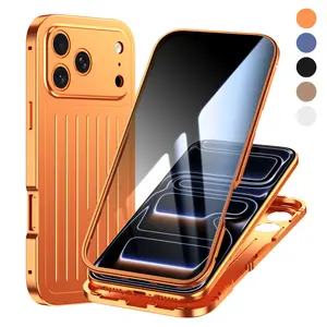 For iPhone Full-Body Rugged Case, 360° Shockproof Aluminum Alloy Cover with Built-in Screen Protector, Luggage-Style Striped Anti-Scratch Drop-Proof Phone Case
