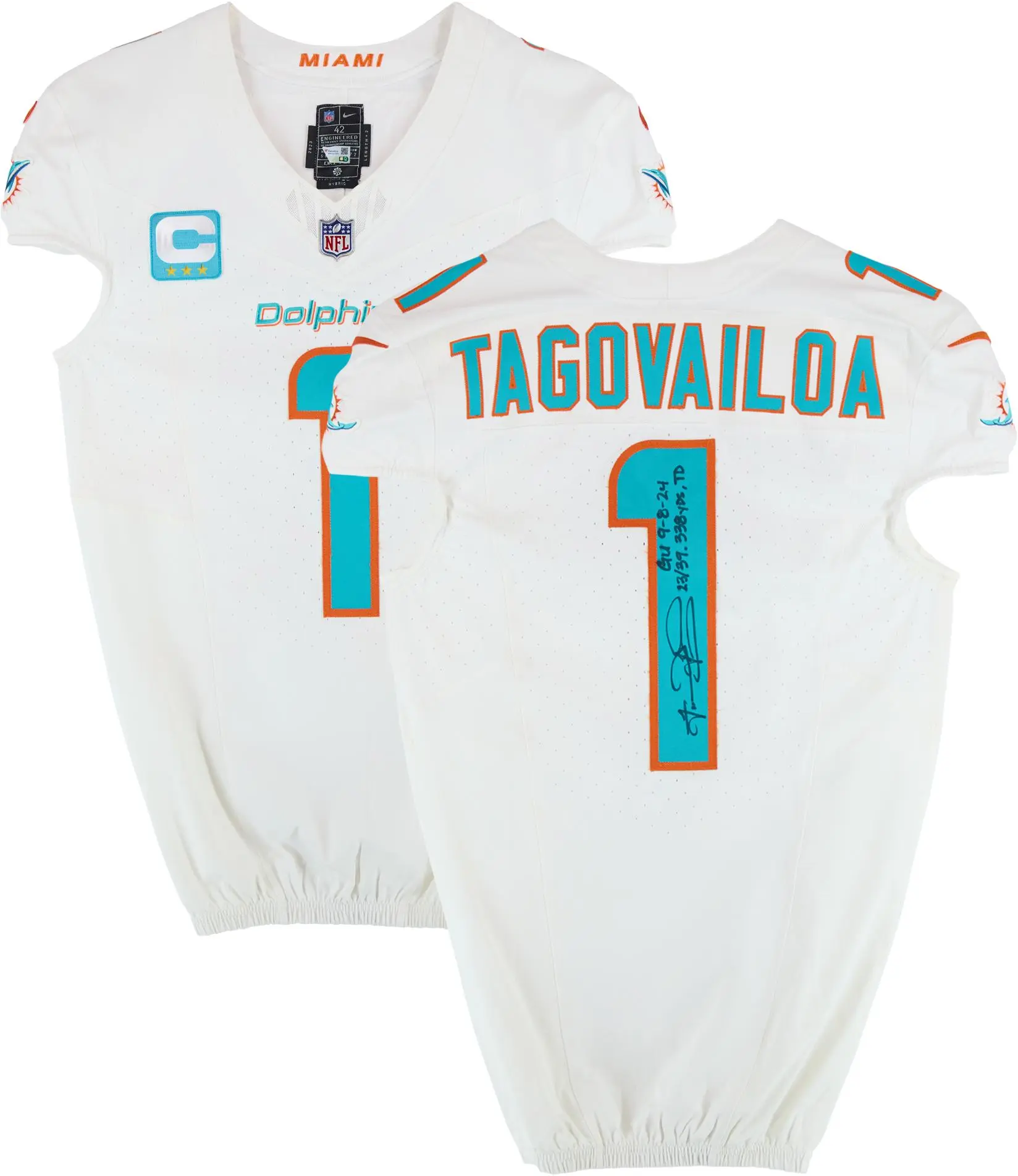 Tua Tagovailoa Miami Dolphins Autographed Game-Used #1 White Jersey vs. Jacksonville Jaguars on September 8, 2024 with Multiple Inscriptions - Fanatics Authentic Certified