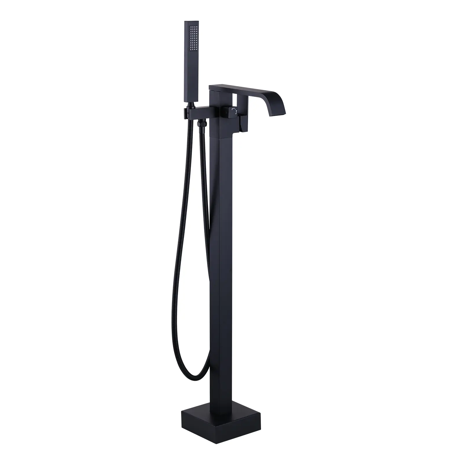 WOWOW Matte Black Brass Waterfall Faucet - Freestanding Floor-Mounted Bathroom Tub Filler with Single-Handle Diverter Tap, Handheld Shower for Bathing, Shower Faucets, Bathroom Faucet