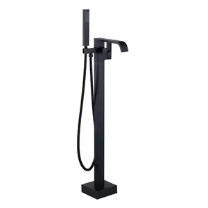 WOWOW Brass Waterfall Faucet - Floor-Mounted Freestanding Bathroom Faucets with Single-Handle Diverter Tap and Handheld Shower, Matte Black