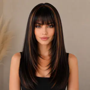 Auvzy Long Straight Layered Wig with Bangs for Women 26 inch Heat Resistant Synthetic Fiber Natural Look Adjustable Cap for Party Cosplay Daily Use Scalp Effect Wig Summervibes