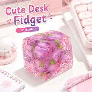 Fruit Cheese Squishy Toy, 6x6cm Glossy Jelly Cube Stress Relief Fidget Toy, Soft Stretchy Squeeze Toy with Cute Fruit Details, Satisfying Sensory Desk Toy for Kids Adults Gifts