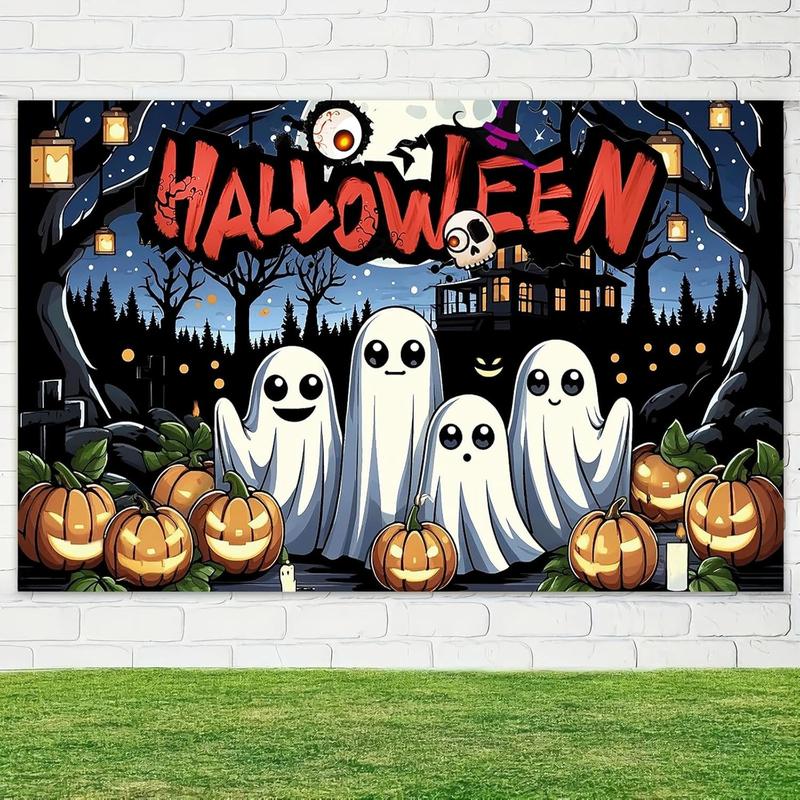 Tapestry Halloween Ghost Banner Backdrop Cute Cartoon Ghosts and Pumpkins Tapestry with Haunted House, Trees and Candles for Kids Trick or Treat Party Wall Decoration Ornaments Mixed Color
