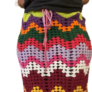 Crochet Maxi Granny Ripple Stitch Skirt with Crochet Drawstring Colorful Multicolor Design Bottom Womenswear