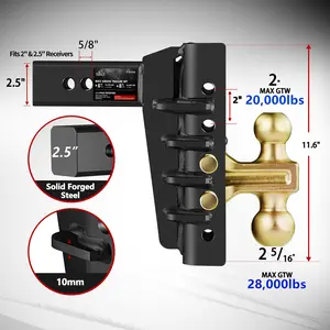 Solid Steel XPE Adjustable Trailer Hitch, Fits 2.5" & 2.0" Receiver, 8" Drop/Rise, 28,000 LBS GTW for Heavy Duty Trucks