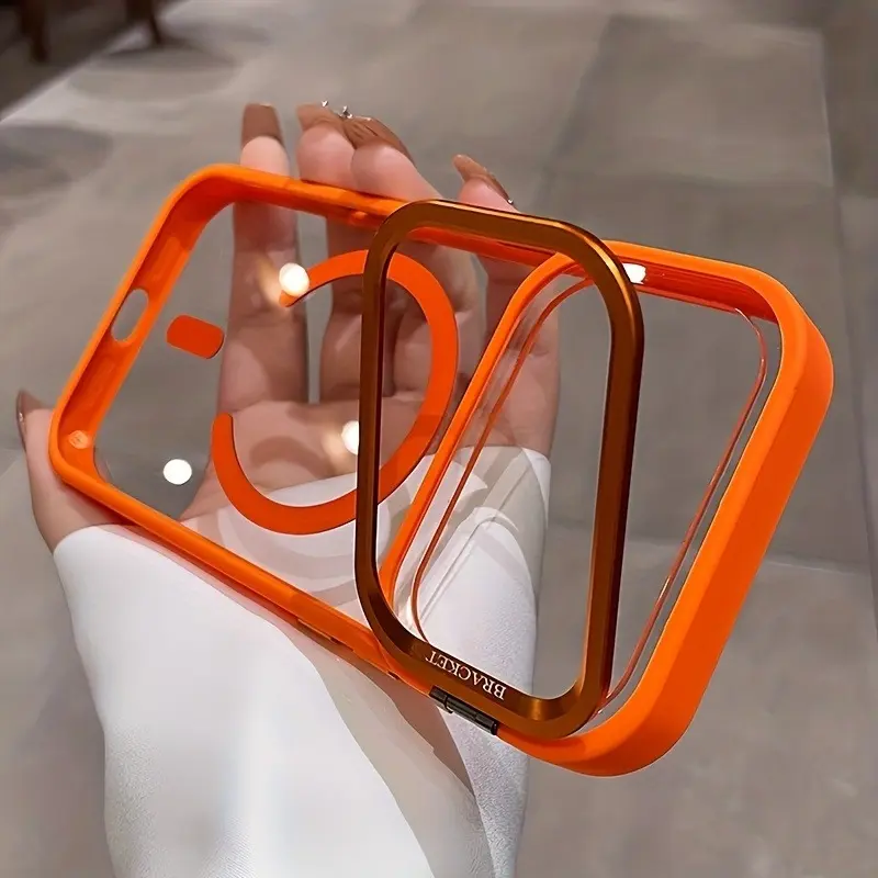 Orange Magnetic Wireless Charging Metal Lens Bracket Protective Phone Case, Protective Cellphone Casing, Shockproof Casing, Compatible with iPhone 17 16 15 14 13 12 Pro Max with Independent Lens Protector Soft Frame HD Clear Hard Cover