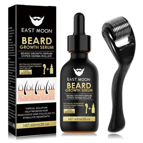 EAST MOON Organic Beard Growth Kit for Men - 60ml Alcohol-Free Unscented Beard Nourishment Bottle, Skin-Nourishing Organic Oil Serum, Rosemary Oil Follicle-Stimulating Derma Roller, Lightweight Daily Care Gift for All Skin Types