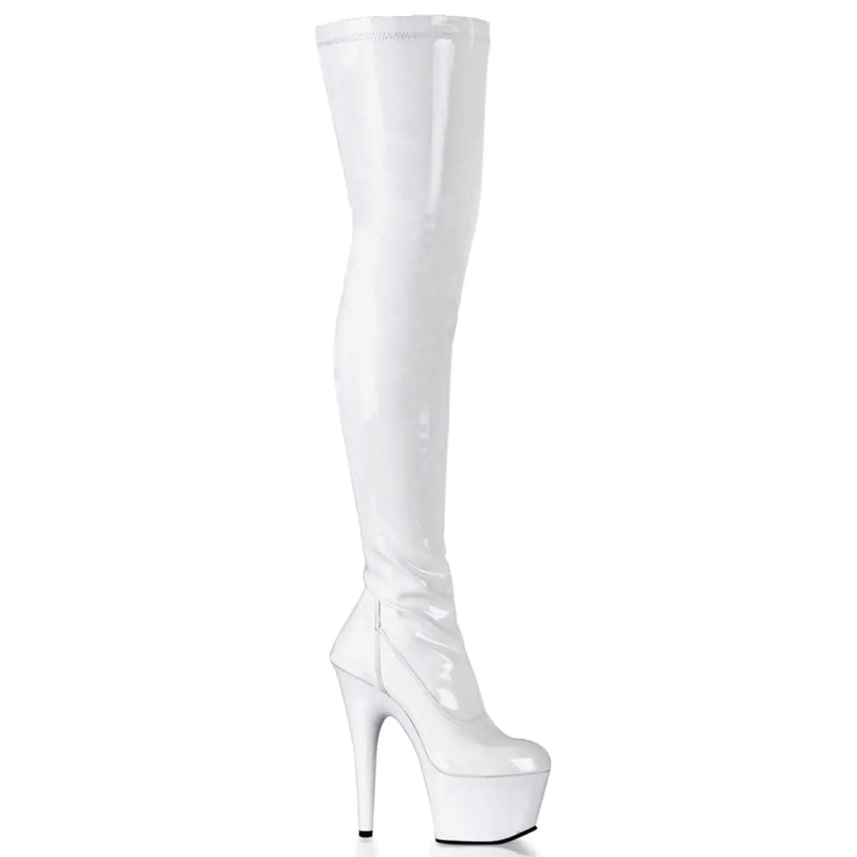 Women's High Heel Boot, 7 in Heel ADORE-3000 White Stretch Patent Footwear Shoe