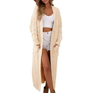 Womens Open Front Long Cardigan Oversized Long Sleeve Loose Cable Knit Chunky Fall Sweater Coat with Pockets