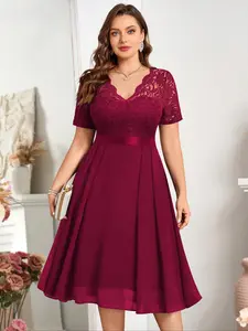 MISSMAY YP34019A Plus Floral Lace V-Neck Ruffle Trim Chiffon A-Line Hem Semi Formal Party Swing Dress