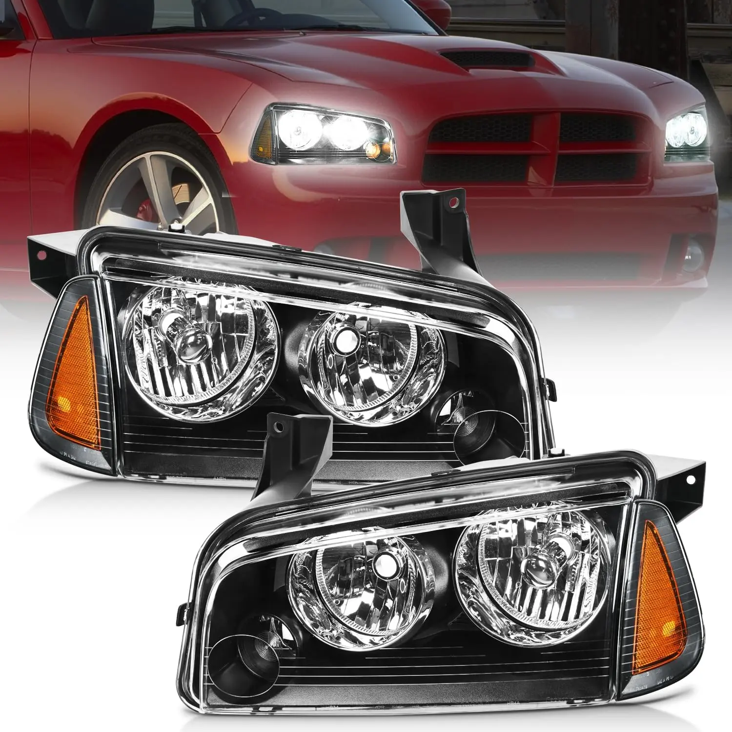 Nilight Headlight Assembly - 2006-2010 Fit Dodge Charger, Black Housing, Amber Reflector, HB3/HB4 Bulbs, IP65, Adjust Beam, Night Safety, Driver & Passenger Side Bumper Lamp Replacement Set