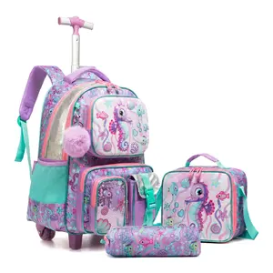 Seahorse Mermaid Rolling Backpack Set for Girls | Insulated Lunch Bag + Pencil Case | Back to School Ocean Essentials