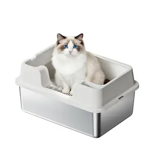 Enclosed Stainless Steel Cat Litter Box with Lid, XL Extra Large Litter Box for Big Cats, Metal Litter Pan High Sided, Never Absorbs Odors, Anti-Urine Leakage, Easy Cleaning, Include Scoop, Stainless Steel Litter Box
