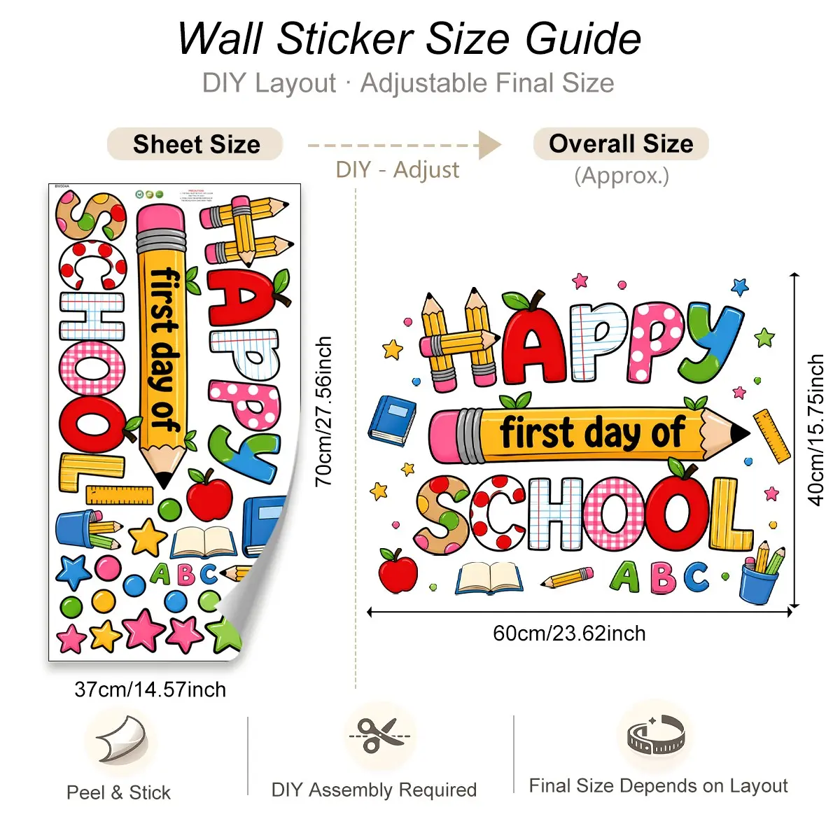 Back to School Wall Sticker - "Happy First Day of School" Educational Vinyl Decal with Pencils, Books & Stars, Removable Decor for Classroom & Kids Room, Decorative Sticker