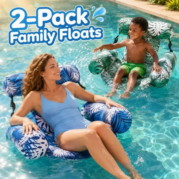 Tropical Inflatable Floating Pool Lounger 2 Pack Foldable PVC Water Bed with Headrest Back Support Armrest Portable for Villa Beach Resort Lake Spa Summer Rest