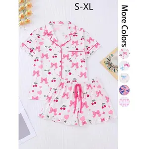 Women's All Over Print Pocket Crop Top & Shorts Pyjama Two-piece Set, Casual Comfy Short Sleeve Collared Top & Shorts PJ Set, Ladies Summer Sleepwear, Loungewear