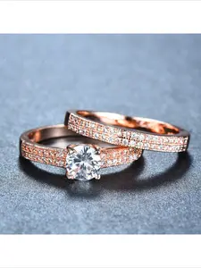 Fashion New 2pcs Ring Set For Engagement Four Prong Round White Diamond With Two Rows Of Small White Side Diamonds For Proposal Promise Bridal