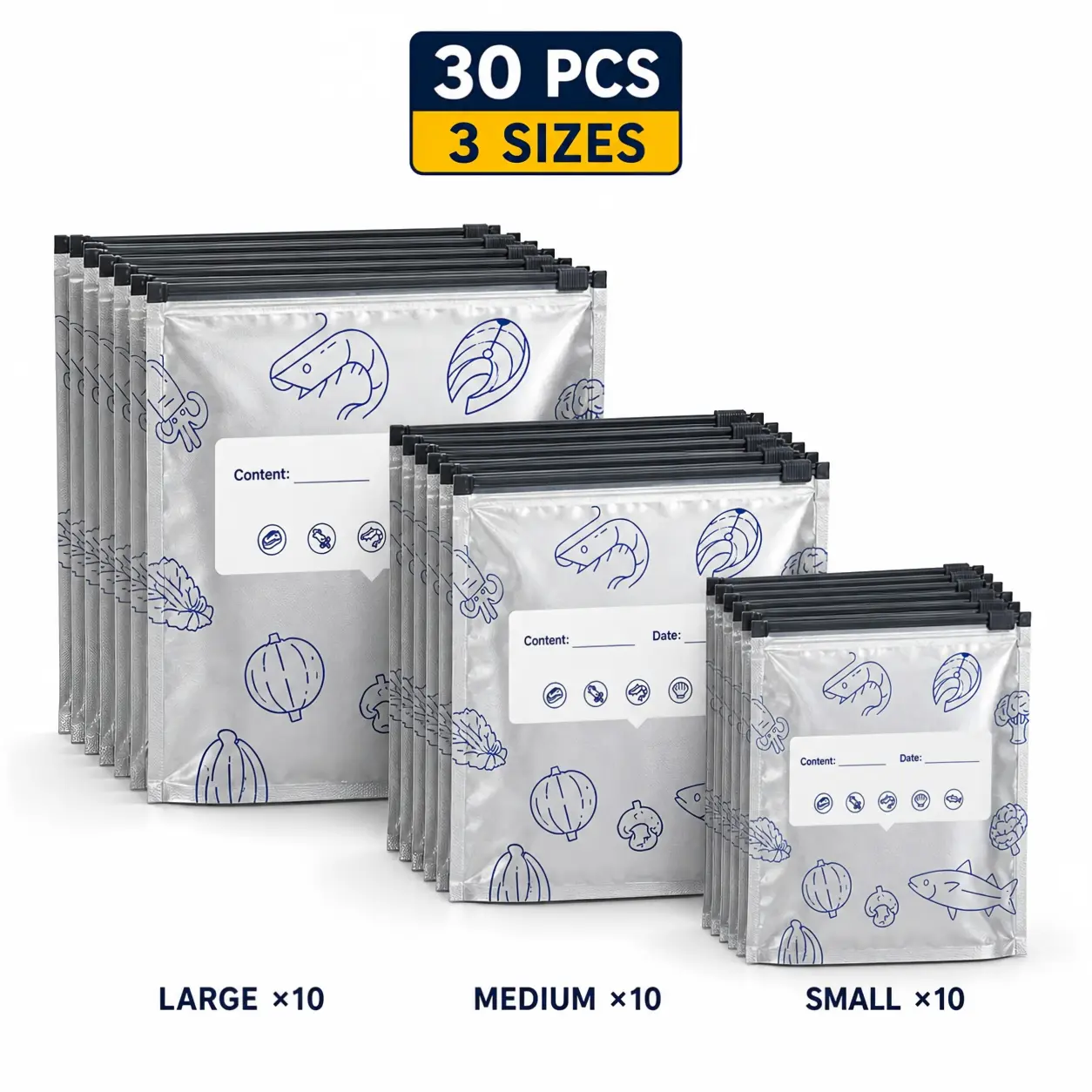 30 Pack Reusable Aluminum Foil Food Storage Bags, 3 Sizes, Stand Up Freezer Bags with Slide Zipper & Writable Labels for Meal Prep, Meat, Fruit and Vegetables