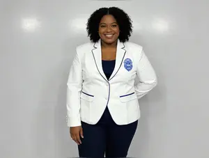 Zeta Phi Beta White Rowing Business Blazer Womenwears Long Sleeve Fitted Plain Cotton Fabric Royal Blue Crest Front Button Closure