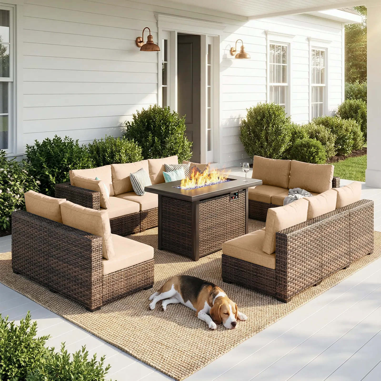 【4 packages shipping】Grezone 11 Pieces Patio Furniture Set with 44” Fire Pit Table Wicker Rattan Patio Sectional Sofa Set Outdoor Seating Furniture with Thickened Cushion, Patio Conversation Set, Outdoor Patio Furniture