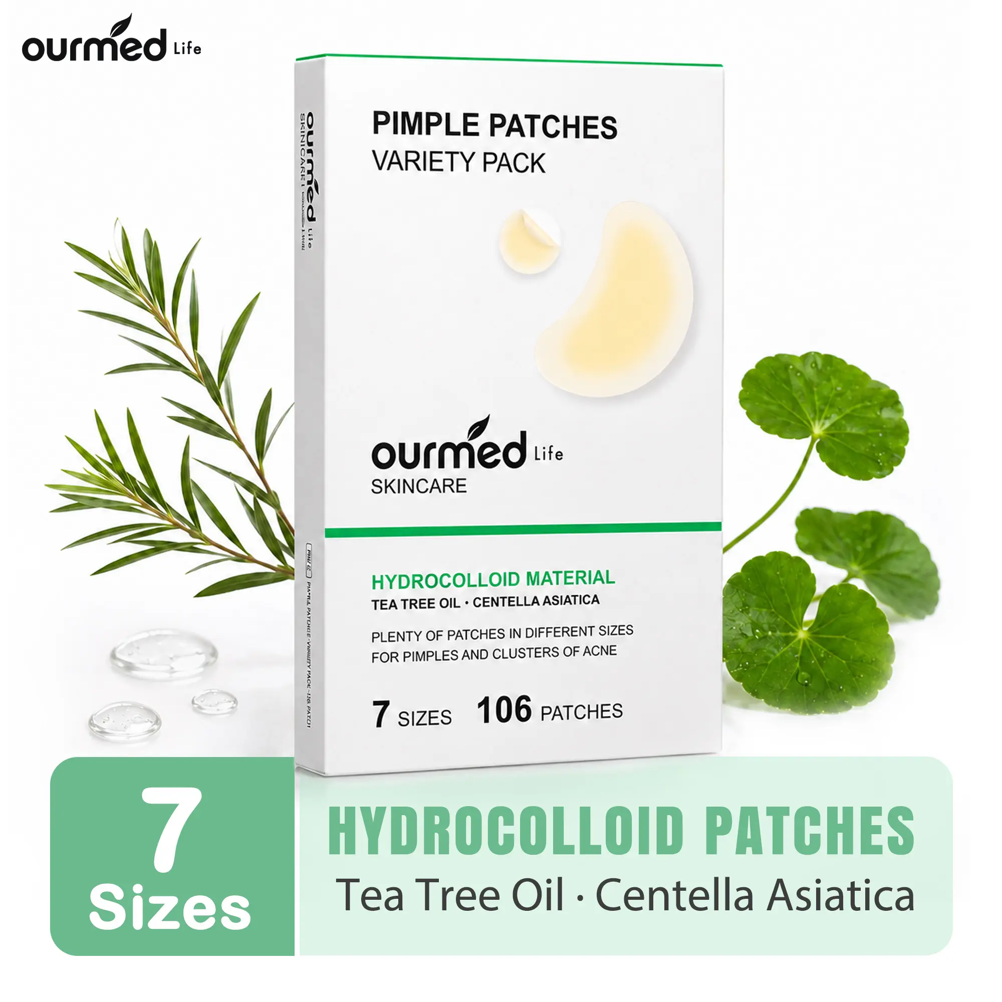 Ourmed Life Hydrocolloid Pimple Patches for Sensitive Skin - 106/212 Count Multi-Pack with 7 Shapes, Invisible Acne Stickers with Salicylic Acid, Tea Tree Oil, Centella, Ultra-Thin for Overnight Spot Treatment & Skin Repair
