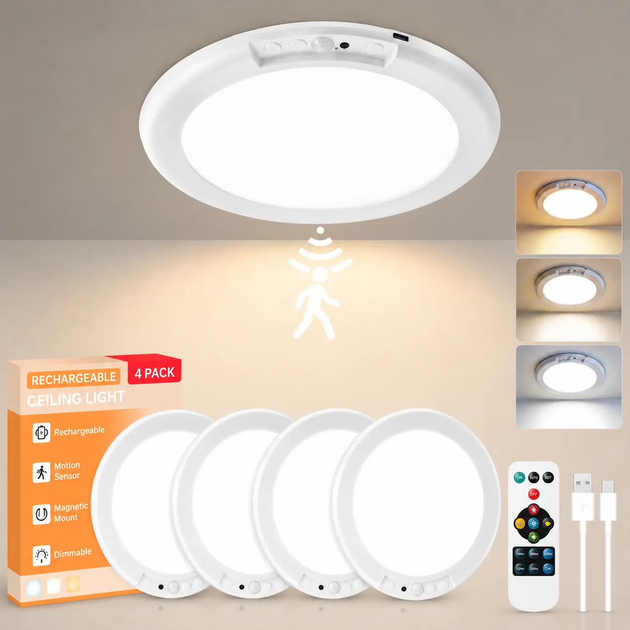 GIVRYES 4-Pack Rechargeable Motion Sensor Ceiling Lamps, Remote-Controlled Smart Light with 3 Color Modes, Magnetic Mount Saves Time and Hassle, Wireless LED Rechargeable Night Light for Closet, Hallway