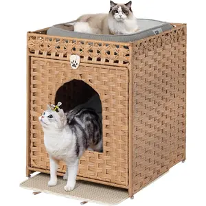 Cat Litter Box Enclosure Furniture Hidden with Cat Litter Mat, Hidden Cat Washroom Furniture with Door, Handwoven Rattan Cat Washroom Box, Indoor Pet House for Living Room, Bedroom(Natural)