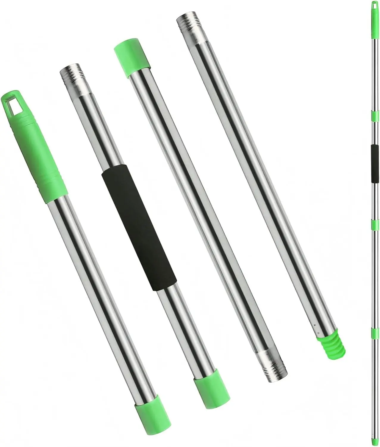 Mop Handle Replacement 4-Section Adjustable from 30" to 58" Durable Stainless Steel Mop Pole with American Thread Joint for Spin Mops & Brooms Green
