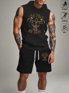 Men's 'No Pain No Gain' Muscle Graphic Hooded Tank & Shorts Set – Premium Quick-Dry Gym Training Tracksuit, Bodybuilding Fitness Two-Piece Outfit