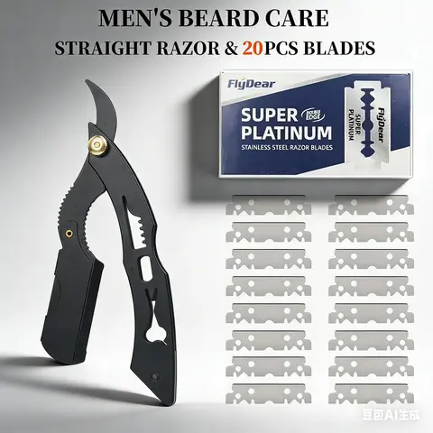 Men's Stainless Steel Straight Blade Razor Set - Folding Shavette with Smooth Handle, 20 Replacement Blades, Platinum-Durable Barber Supplies for Adults' Daily Shaving, Mustache Liner, Manual Clean Shaver Kit, Gifts for Adults