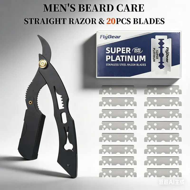 Men's Stainless Steel Straight Blade Razor Set - Folding Shavette with Smooth Handle, 20 Replacement Blades, Platinum-Durable Barber Supplies for Adults' Daily Shaving, Mustache Liner, Manual Clean Shaver Kit, Gifts for Adults