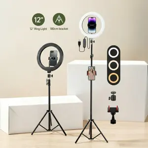 12" Adjustable Video Ring Light with Tall 74" Telescopic Tripod & Phone Holder, 3 Color Modes & 10 Brightness Levels, Dimmable Fill LED Circle Light for Content Creation Mlogging TikTok Video Bloggers, Provide USB-Powered#valentine's day#new years