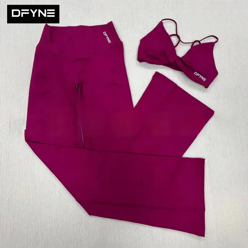 DFYNE Women's 2-Piece Workout Sets for Female, Twist Front Quick Dry Nylon Fabric Activewear Top & High Waisted Flare Gym Wear