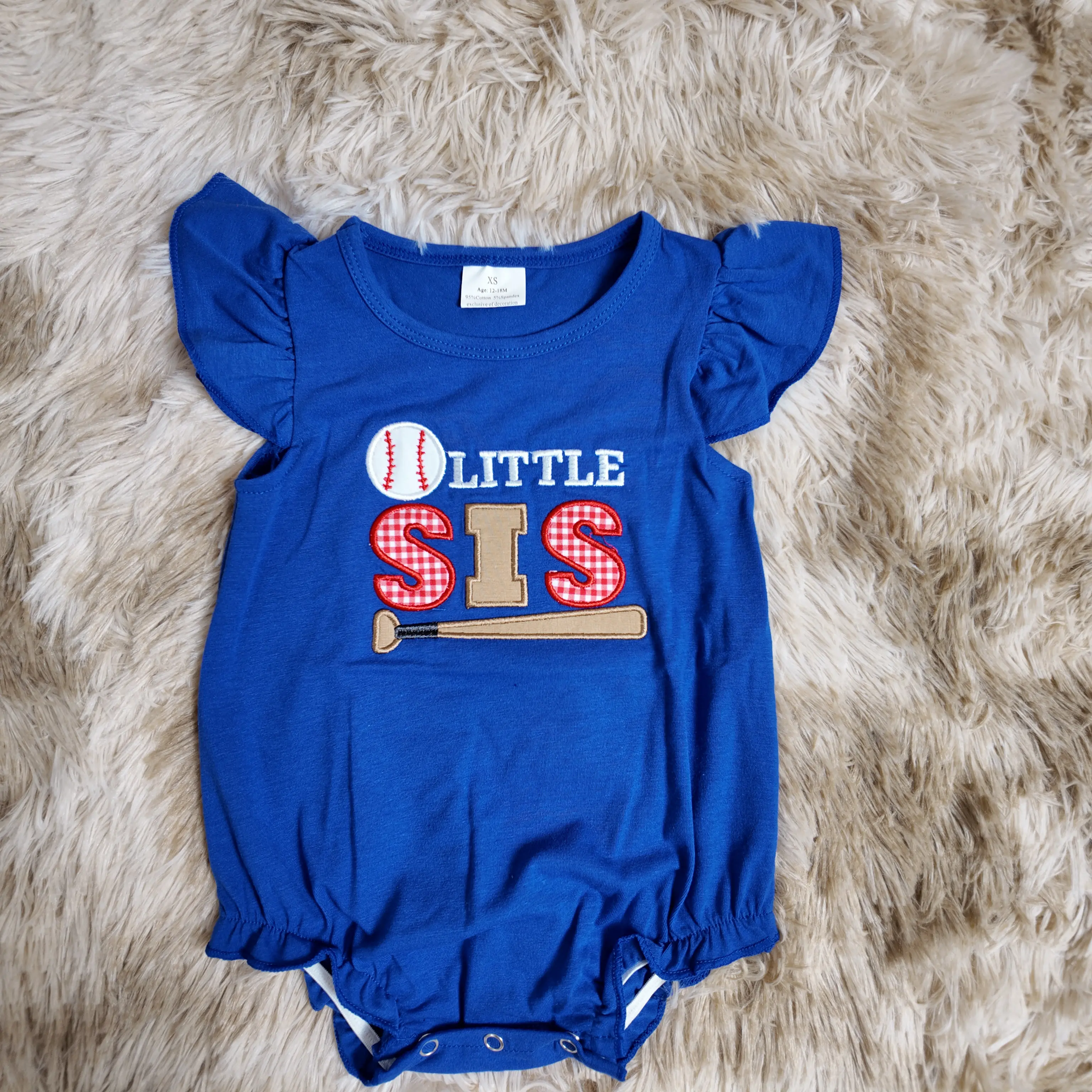 Baby Girls' Boutique Bubble Romper, Fun Themed Cotton Toddler Outfit with Flutter Sleeves and "Little Sis" Baseball Embroidery, Fun Themed Bodysuits