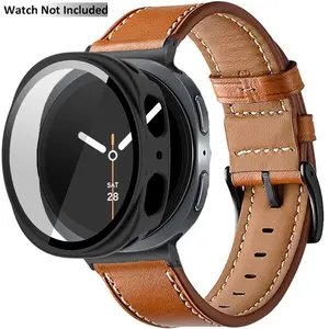 Business Bands for Samsung Galaxy Watch 8 40mm 44mm with 1 Hard-PC Tempered Glasses Case, Artificial Leather Wristband Replacement Strap for Men Women, Smart Watch Accessories