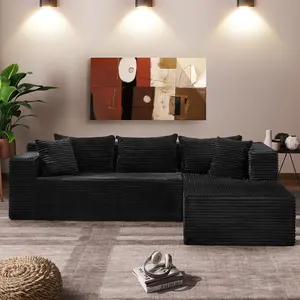 Black Stripe 106 Inch Right Facing 3 Seat L Shaped Modular Cloud Sectional Sofa Oversized Chaise Plush Deep Seat with Soft Memory Foam No Assembly Required Modern Home Furniture | SHIPS IN MULTIPLE PACKAGES