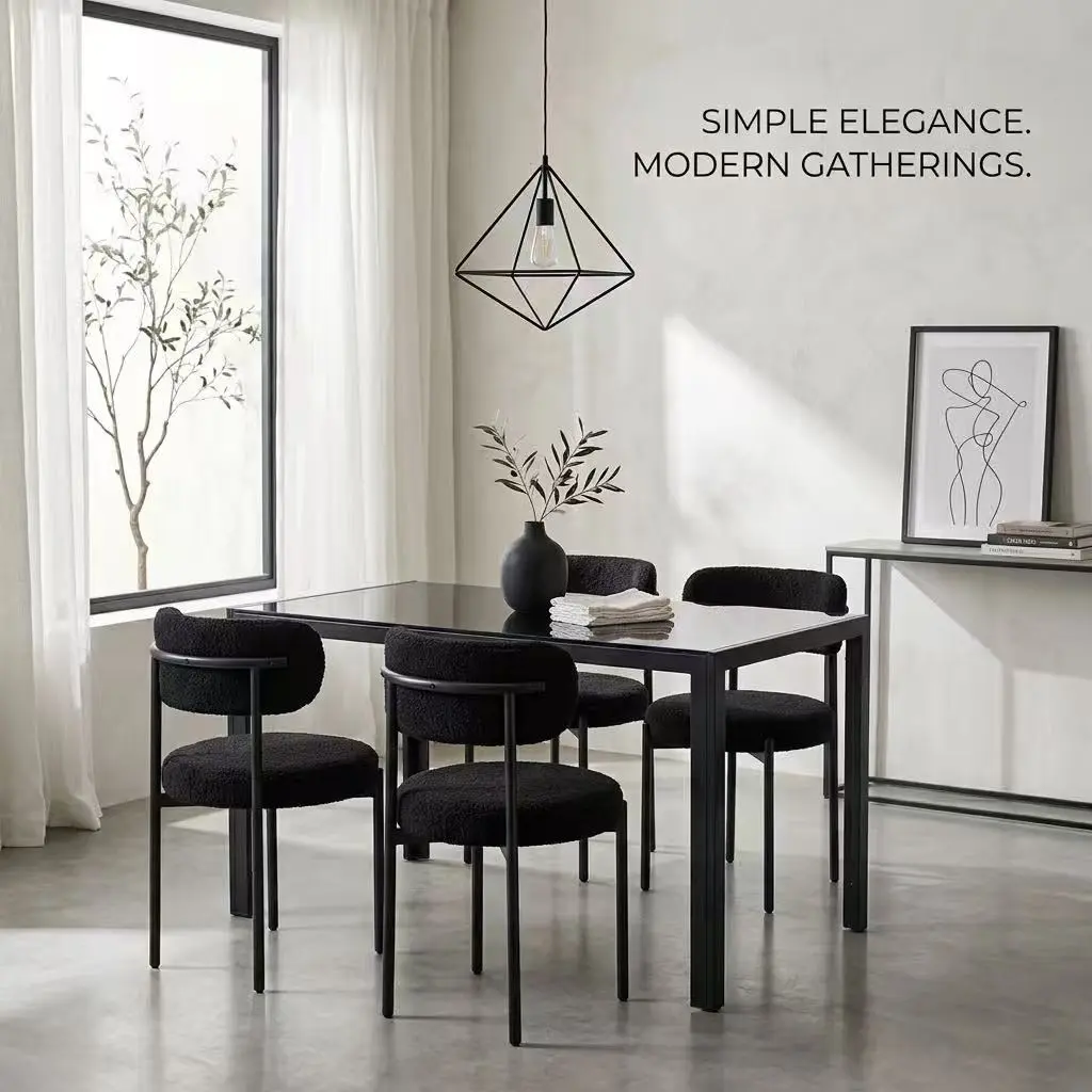 5-Piece Dining Table Set with 4 Teddy Fabric Chairs – Ships in 2 Boxes, 47.25" Tempered Glass Table with Metal Frame, Sturdy Chairs with Ergonomic Backrest, Easy Assembly for Kitchen Dining Room