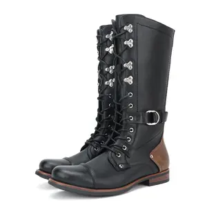 Men's Knee-High Motorcycle Boots, Lace-Up with Metal Studs & Buckle, Riding Boots for Biker & Daily Fashion