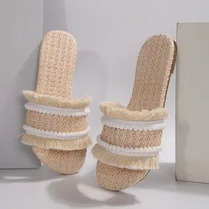 Women's Straw Non Slip Flat Bottom Tassel Weave Comfortable Summer Beach Slippers