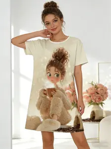 Women's Short Sleeve Nightgown, Spring & Summer Wearable, Beige Coffee Cartoon Girl Rose Print, Coquette Style, Soft Girl Cozy Home Outfit, Nightwear
