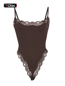 Women's Sexy Solid Color Spaghetti Strap Lace Trim Shaping Bodysuit Body Sculpting Garment