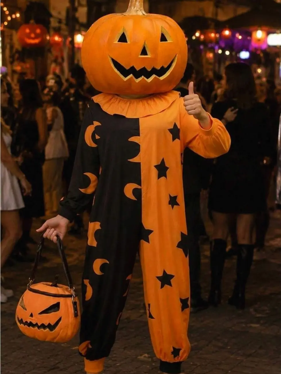 Halloween Pumpkin Clown Cosplay Costume, Long Sleeve Star Moon Print Split Jumpsuit, Vintage Scary Party Outfit, Festival Dress Up For Halloween Event