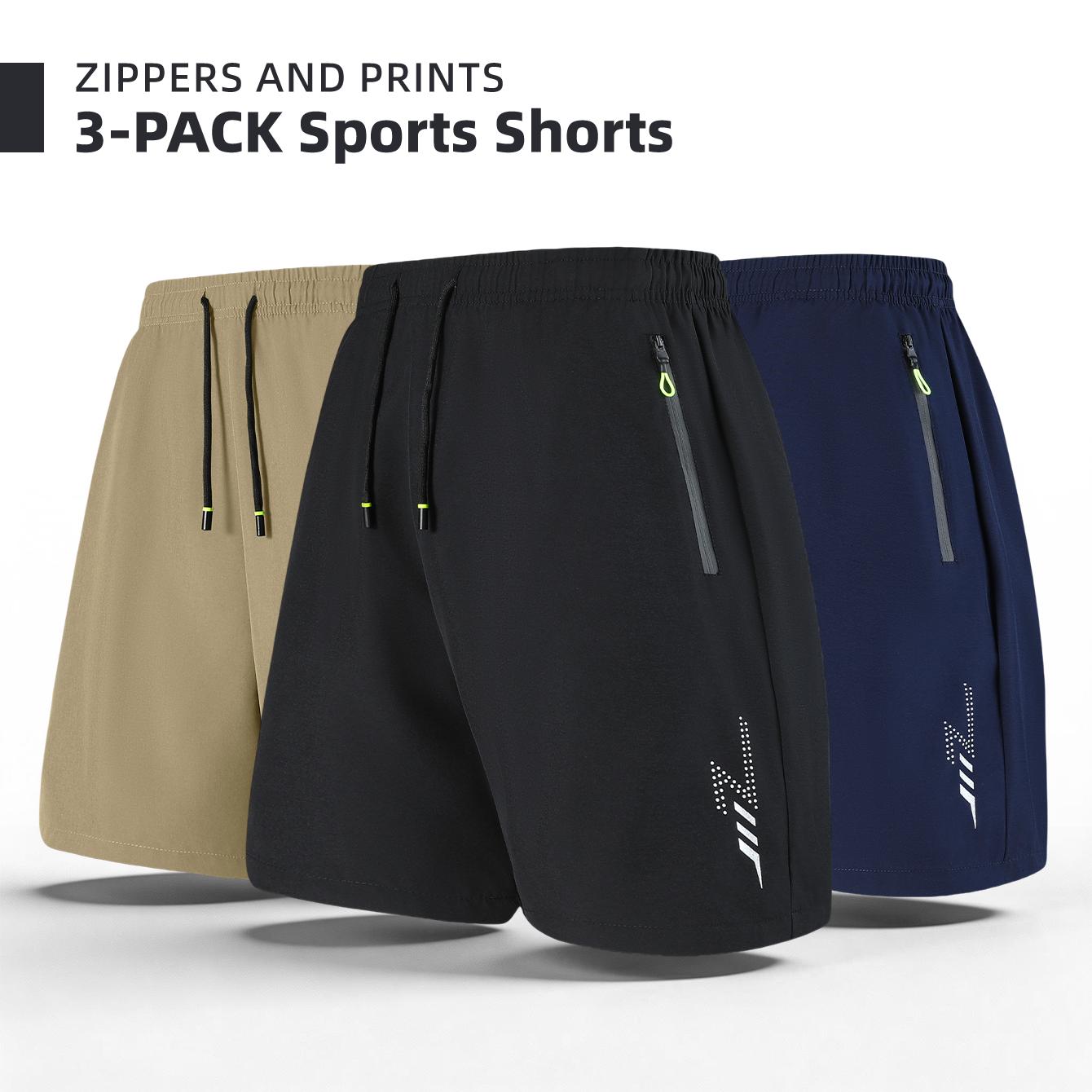 Men's 3-Pack Zipper Pocket Sports Shorts, with Reflective Prints, Drawstring Elasticated Waist, Zipper Side Pockets, Casual Shorts for Both Sports and Daily Wear