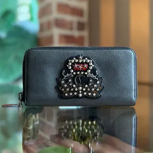 Pre-owned christian louboutin Leather Small Leather Goods Zip Around Gray Studded Long Wallet