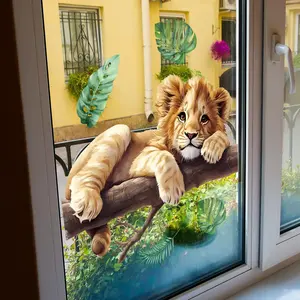 A double-sided visible static glass sticker with a lion and animal design on tree branches, for decorating shop windows and glass surfaces - D16042-YJ