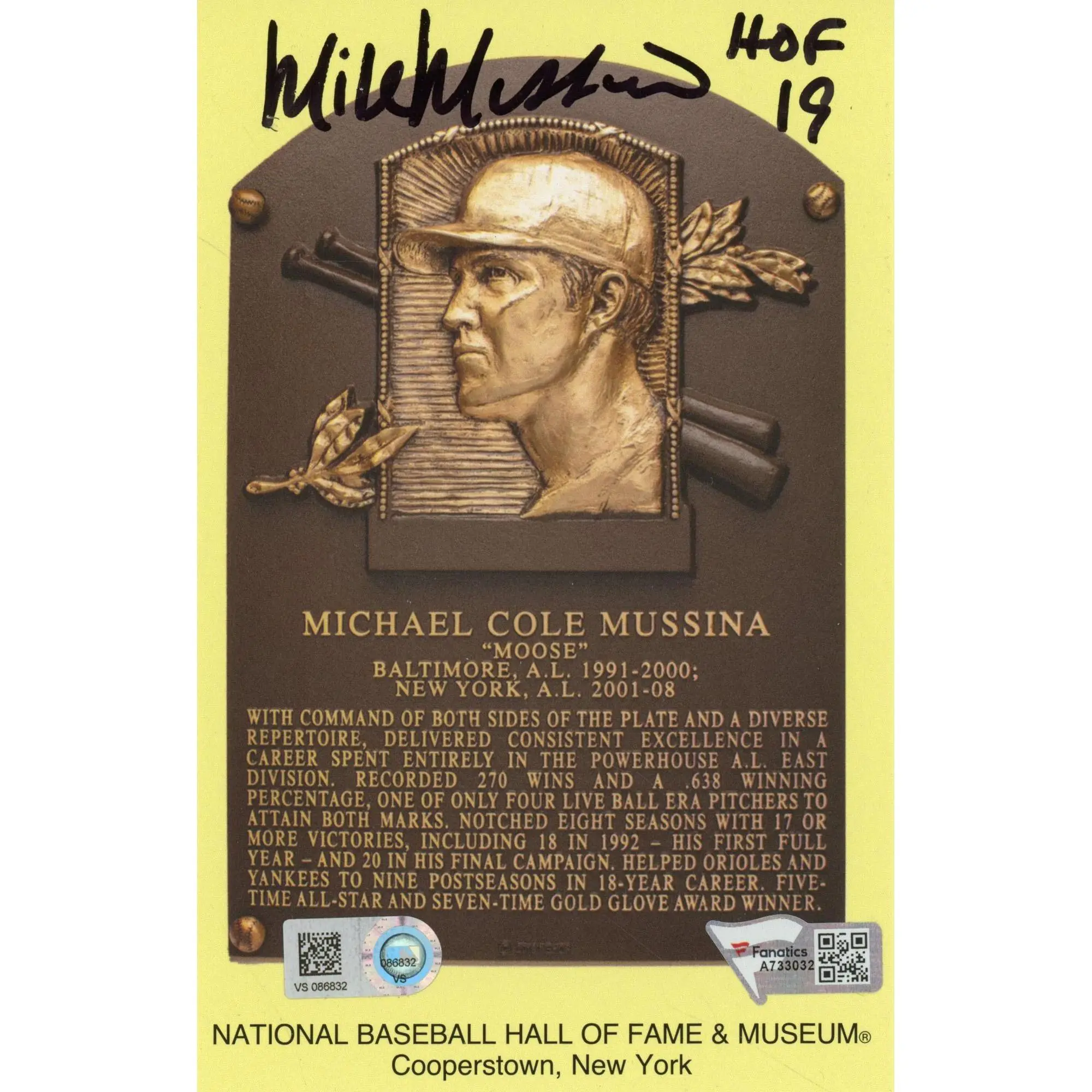 Mike Mussina New York Yankees Autographed Baseball Hall of Fame Plaque Postcard with "HOF 19" Inscription - Fanatics Authentic Certified